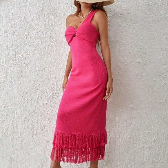 Pink Boho Womens One Shoulder Twist Front Fringe Hem Bodycon Dress - Picture 5 of 5